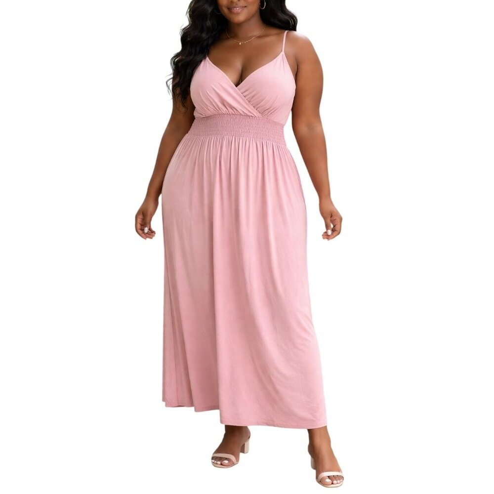 Rouge Collection Plus Size 3X Maxi Dress Pink Adjustable Straps Smocked Waist